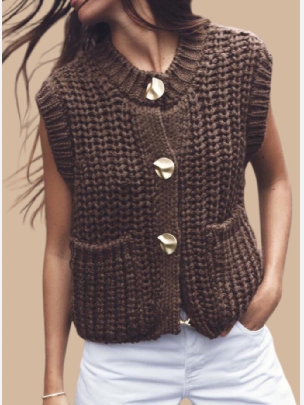 ZARA. SIN BROWN CHUNKY SWEATER VEST WITH GOLD BUTTONS. M